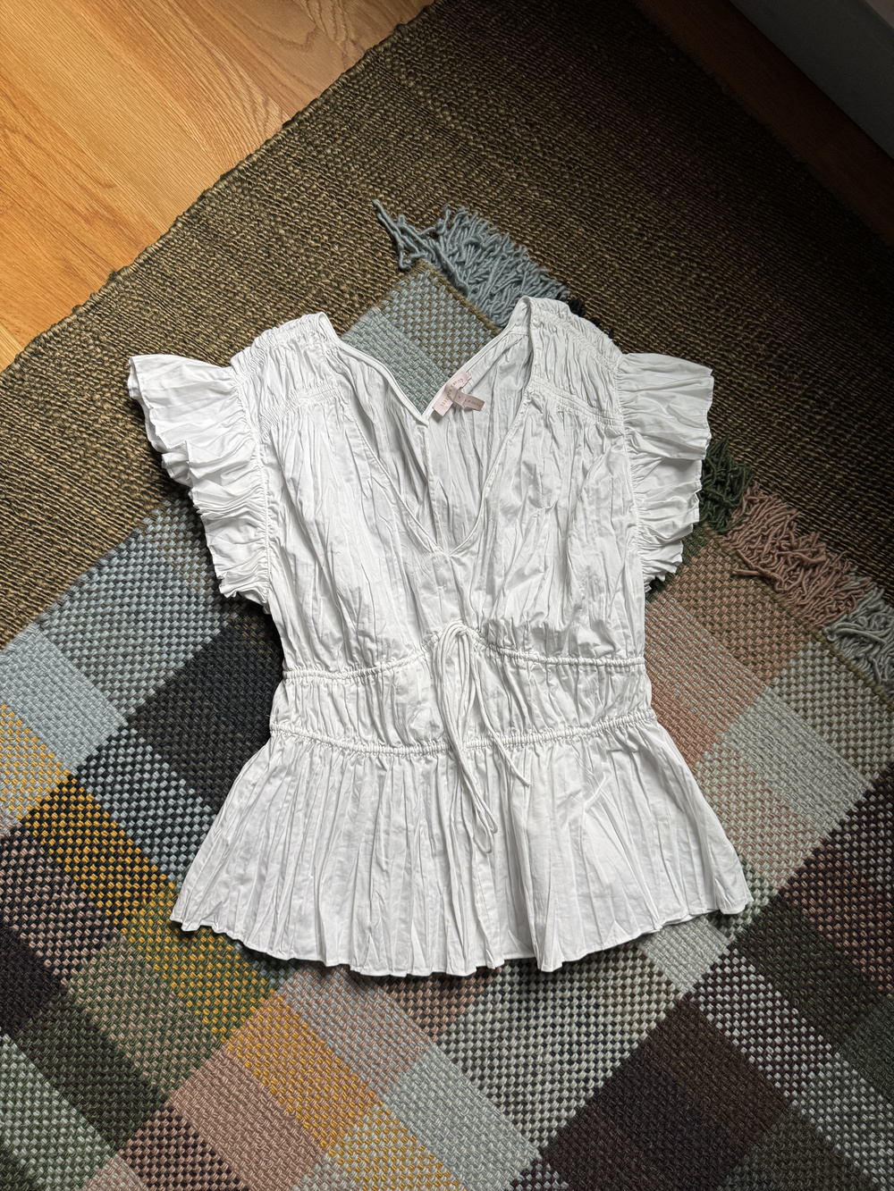 Rebecca Taylor Plissé Poplin Drawstring V-Neck Blouse Sz 4